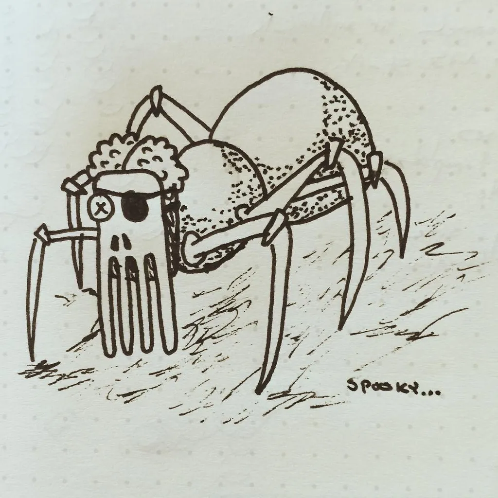 A black ink sketch of a large, stylized insect with multiple thick legs and a detailed head, drawn on white paper, accompanied by the text SPOOKY...