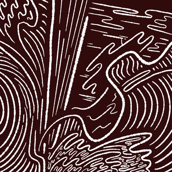 White abstract lines fill a dark brown space, featuring curved vertical strokes on the left, straight vertical strokes in the center, and various wavy, horizontal, and serpentine lines across the right side.