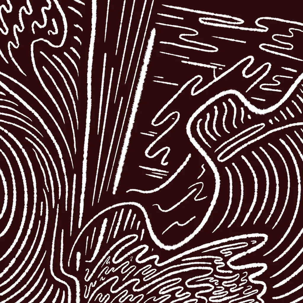 White abstract lines fill a dark brown space, featuring curved vertical strokes on the left, straight vertical strokes in the center, and various wavy, horizontal, and serpentine lines across the right side.