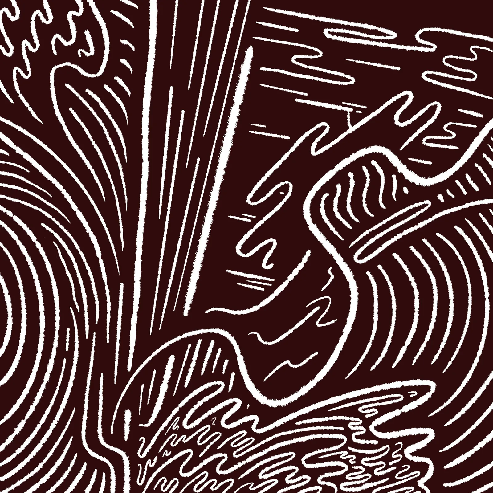White abstract lines fill a dark brown space, featuring curved vertical strokes on the left, straight vertical strokes in the center, and various wavy, horizontal, and serpentine lines across the right side.