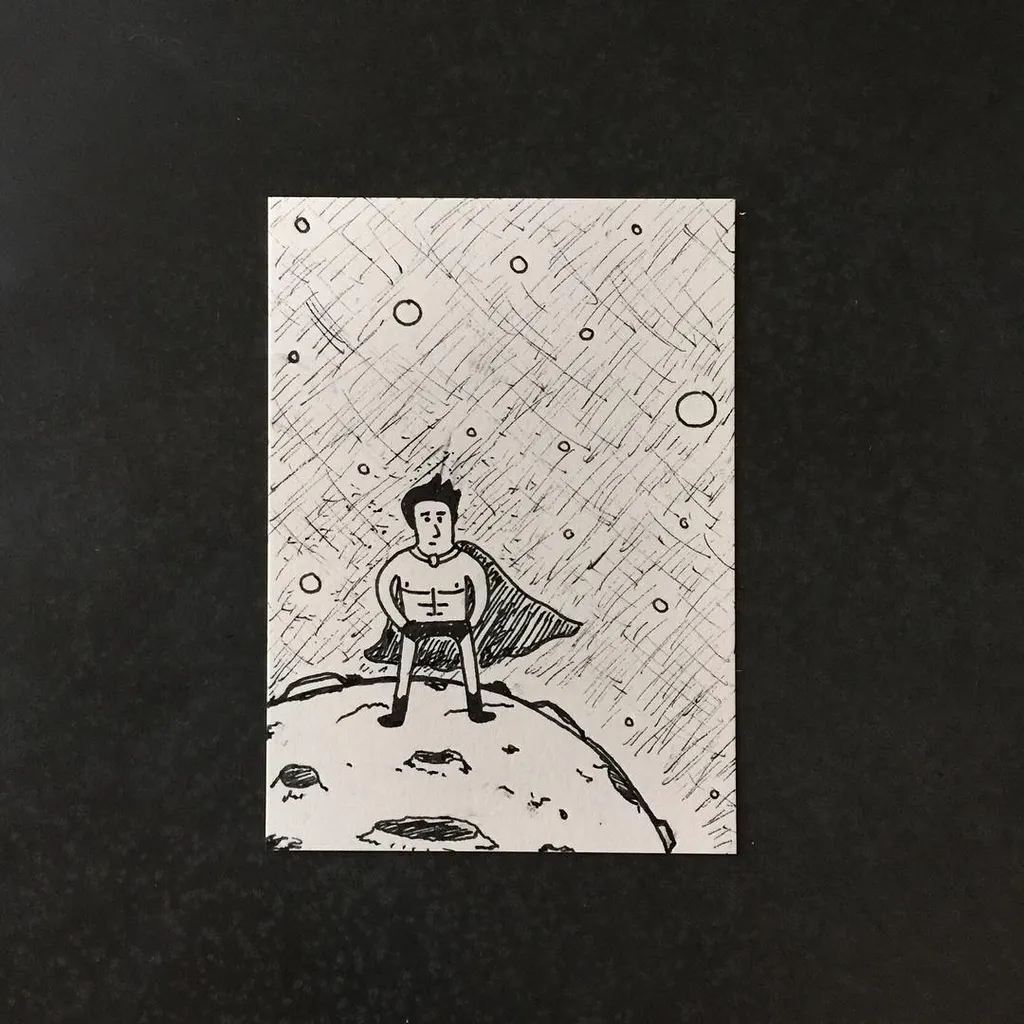 A monochrome sketch features a stylized figure in a cape standing on a curved mound, set against a background filled with scribbled lines and scattered circular marks.