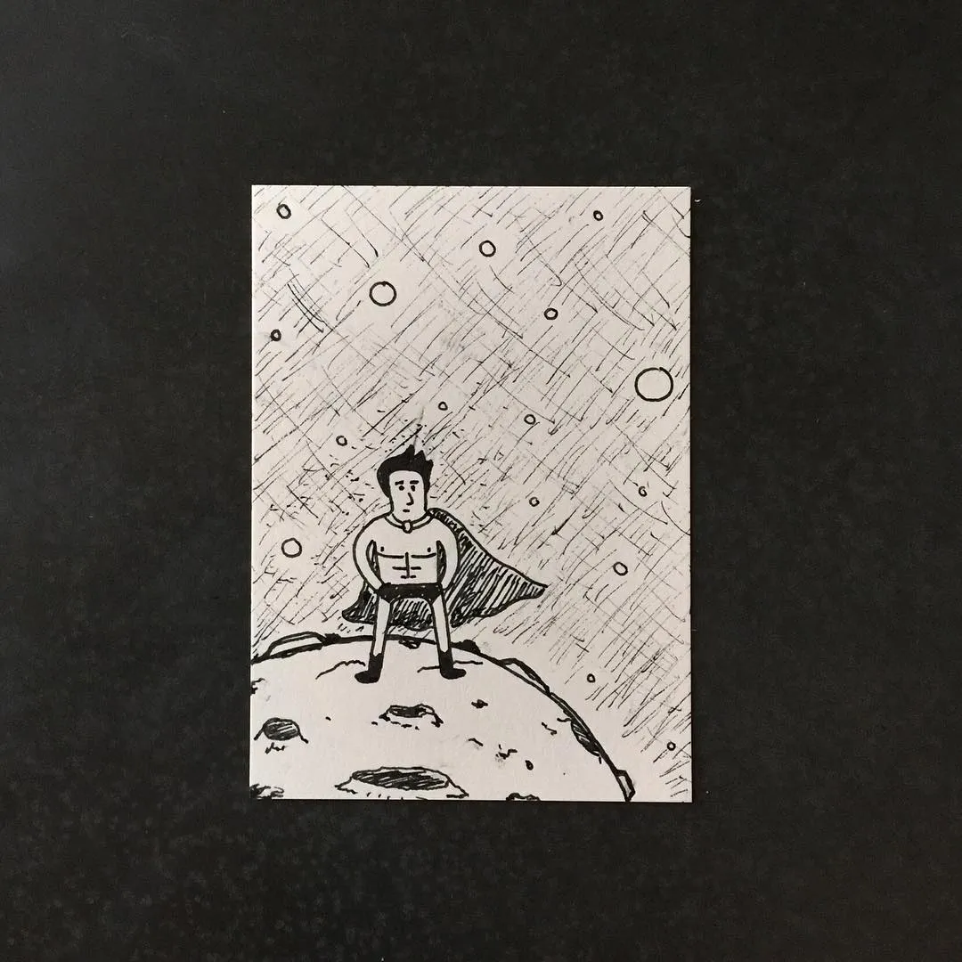 A monochrome sketch features a stylized figure in a cape standing on a curved mound, set against a background filled with scribbled lines and scattered circular marks.