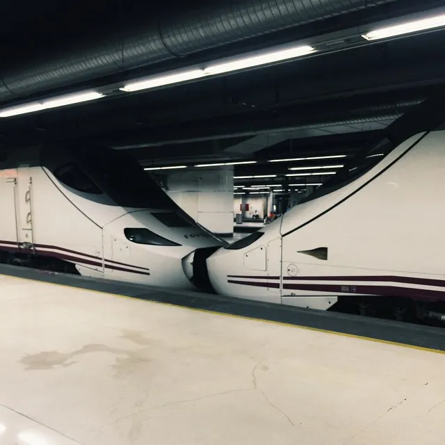 Two white, streamlined trains with maroon stripes are parked under a dark shed illuminated by bright horizontal fluorescent lights, resting on a light gray concrete floor.