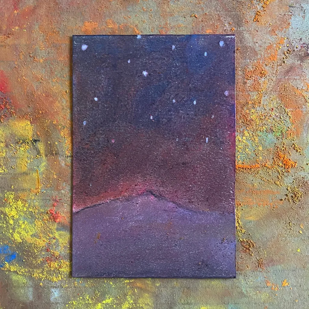 A central rectangular painting shows a dark, speckled night sky over a reddish horizon, set against a surrounding background of distressed yellow, orange, and brown washes.
