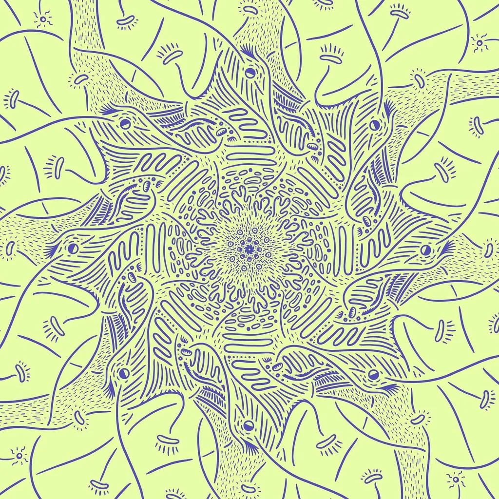 A circular, abstract pattern in blue on light yellow, featuring dense, radiating lines that emanate from a central cluster of dots, forming intricate, organic, and stylized shapes.