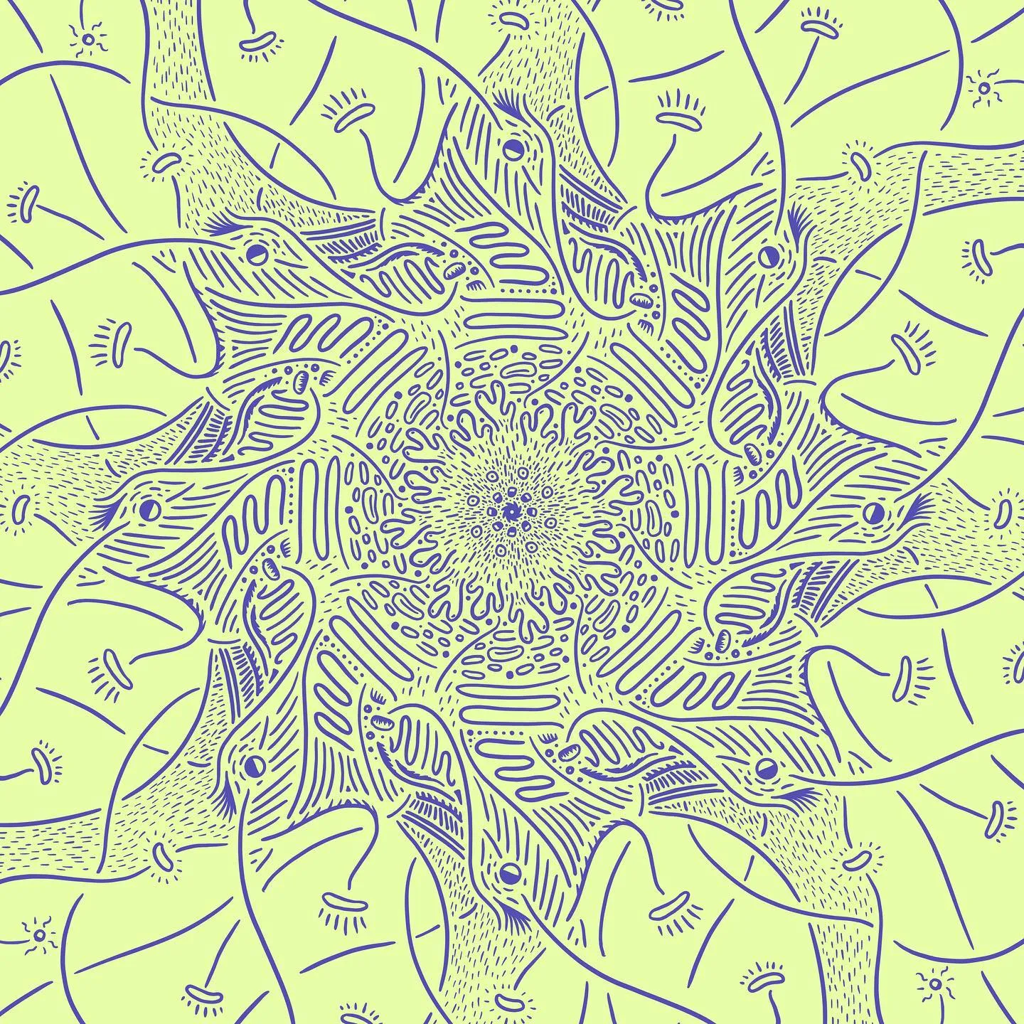 A circular, abstract pattern in blue on light yellow, featuring dense, radiating lines that emanate from a central cluster of dots, forming intricate, organic, and stylized shapes.