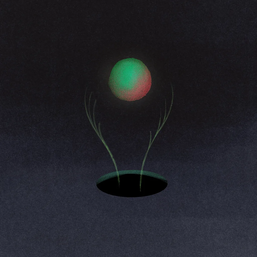 A symmetrical composition on a dark background shows two pale green stalks rising from a black oval base, supporting a large circle that is half bright green and half reddish-orange.