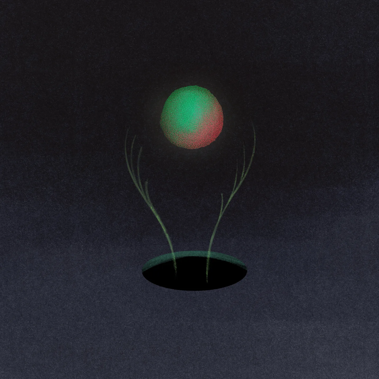 A symmetrical composition on a dark background shows two pale green stalks rising from a black oval base, supporting a large circle that is half bright green and half reddish-orange.