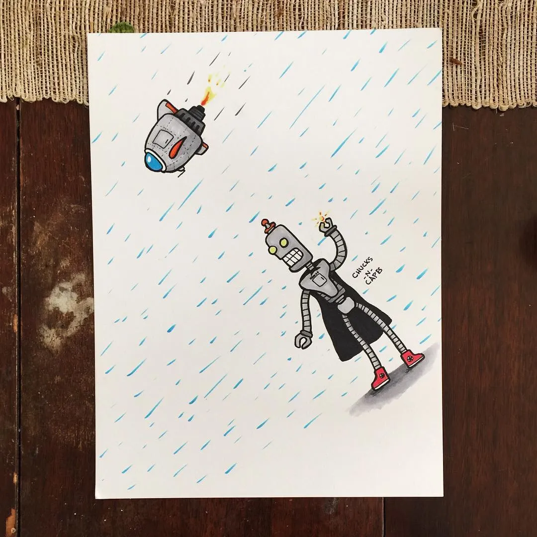 Two cartoon robots are depicted falling through blue raindrops on a white background; one small flying robot has flames, and the larger bipedal robot stands in a puddle.