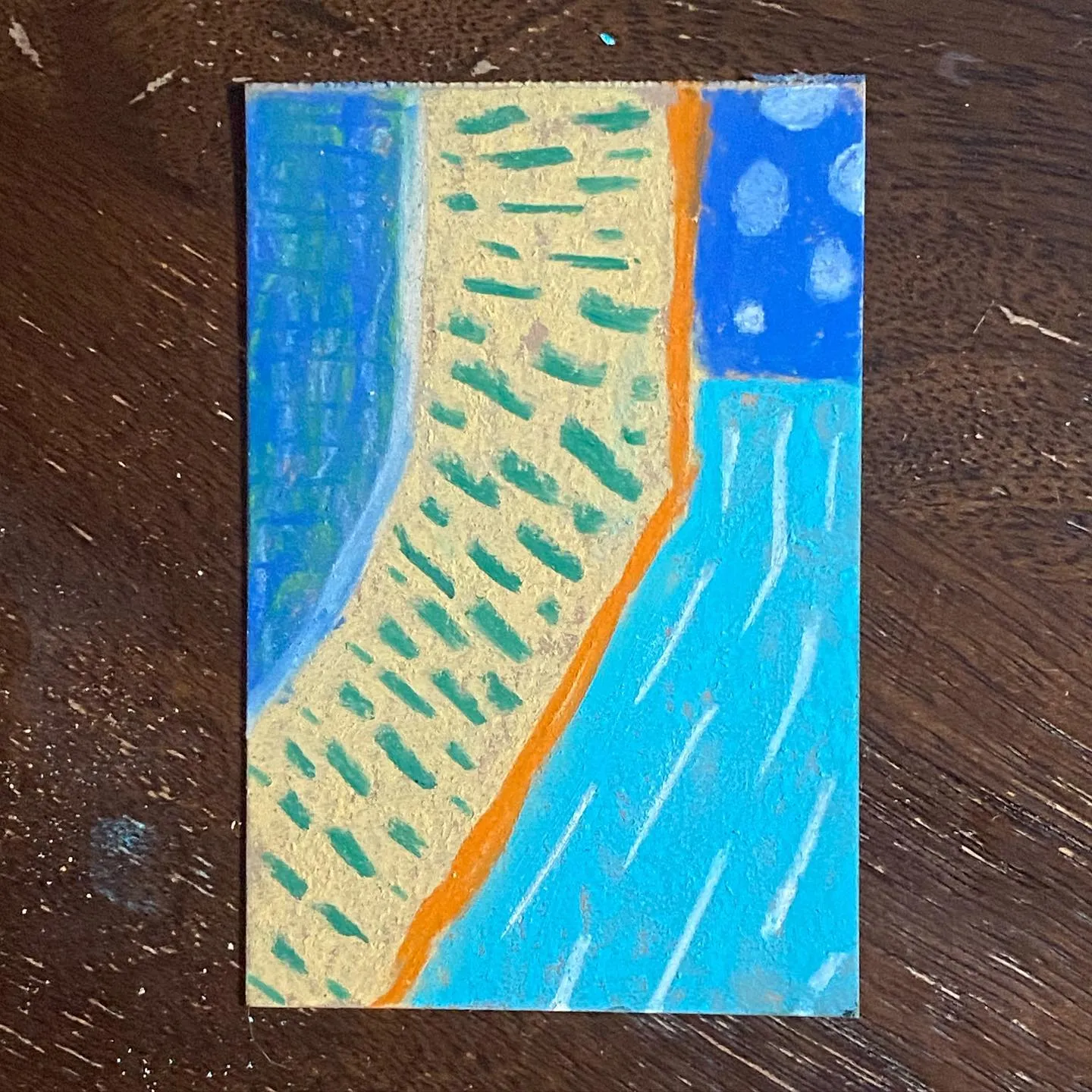 Bright blue and yellow blocks dominate the composition, separated by an orange line; the central yellow area features dense vertical green marks, contrasting with the textured blue fields.