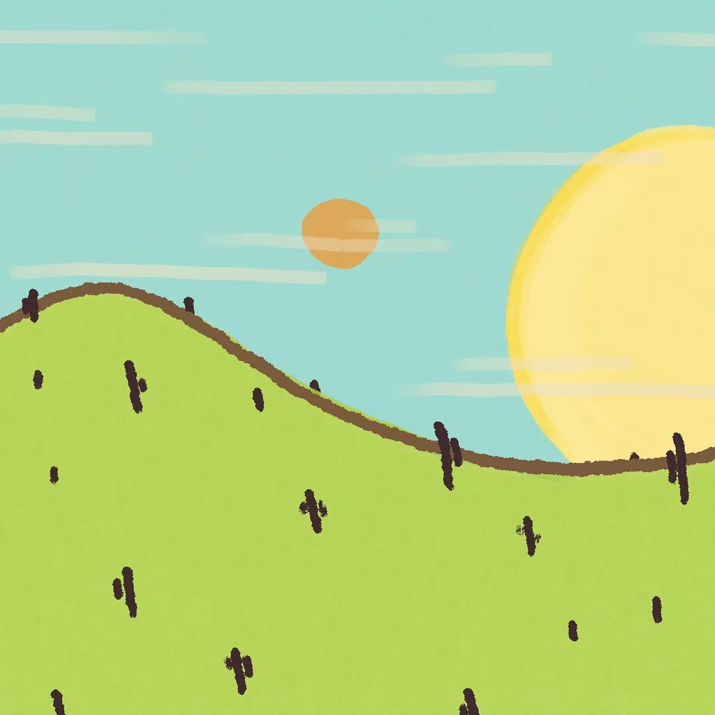 Bright green rolling hills, marked with dark cacti, occupy the foreground beneath a light blue sky. Two stylized suns—a large yellow one and a smaller orange one—are visible against faint horizontal lines.