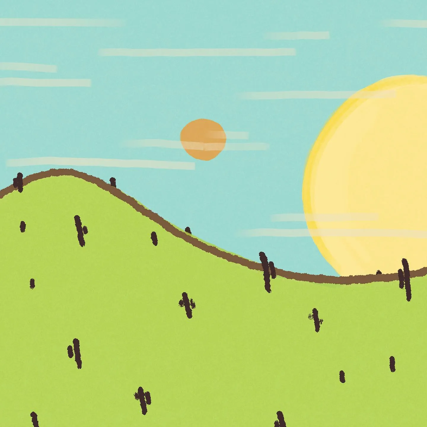 Bright green rolling hills, marked with dark cacti, occupy the foreground beneath a light blue sky. Two stylized suns—a large yellow one and a smaller orange one—are visible against faint horizontal lines.