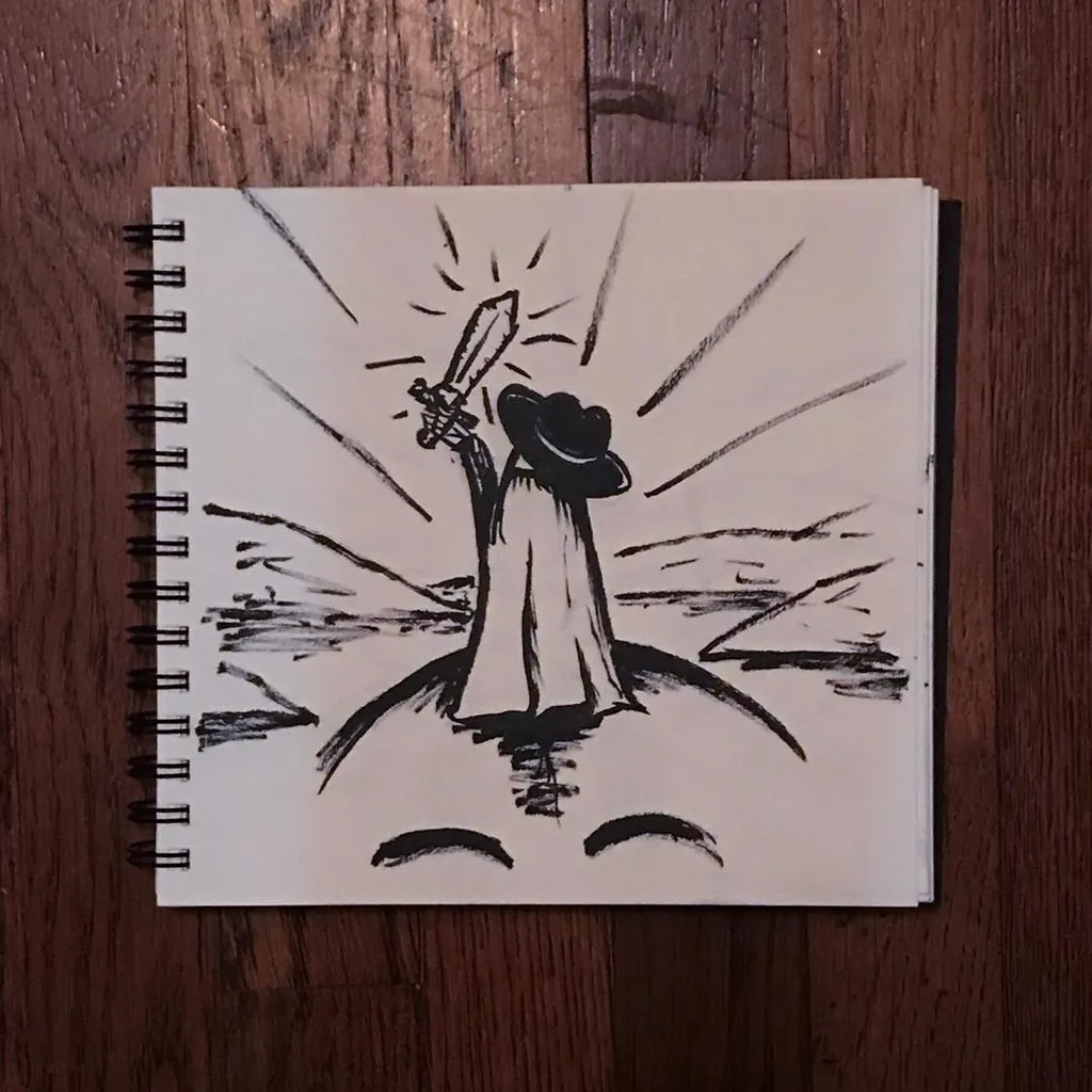 A black and white drawing depicts a figure in a wide-brimmed hat and long coat, holding a raised sword over a stylized, smiling face.