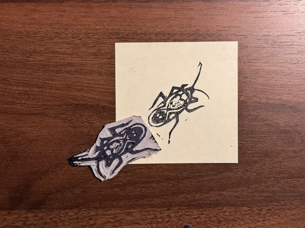 The composition features two black ink drawings of insects on light paper, placed on a dark brown wooden background. One drawing is a detailed sketch of a beetle, and the other is a loose, linear sketch of a smaller insect.