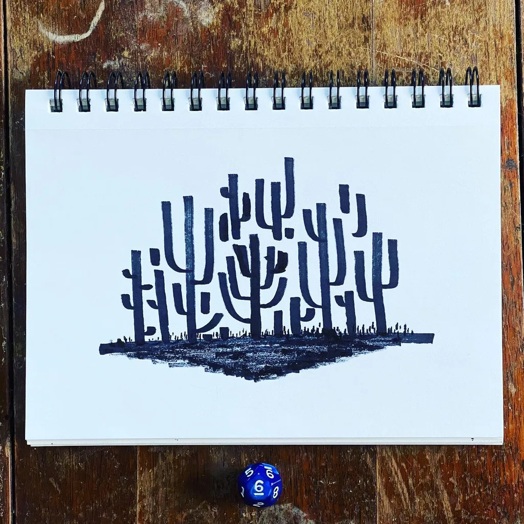 A black drawing of stylized, branching desert plants sits on white paper, which rests on a dark, textured wooden surface next to a blue and white dice.