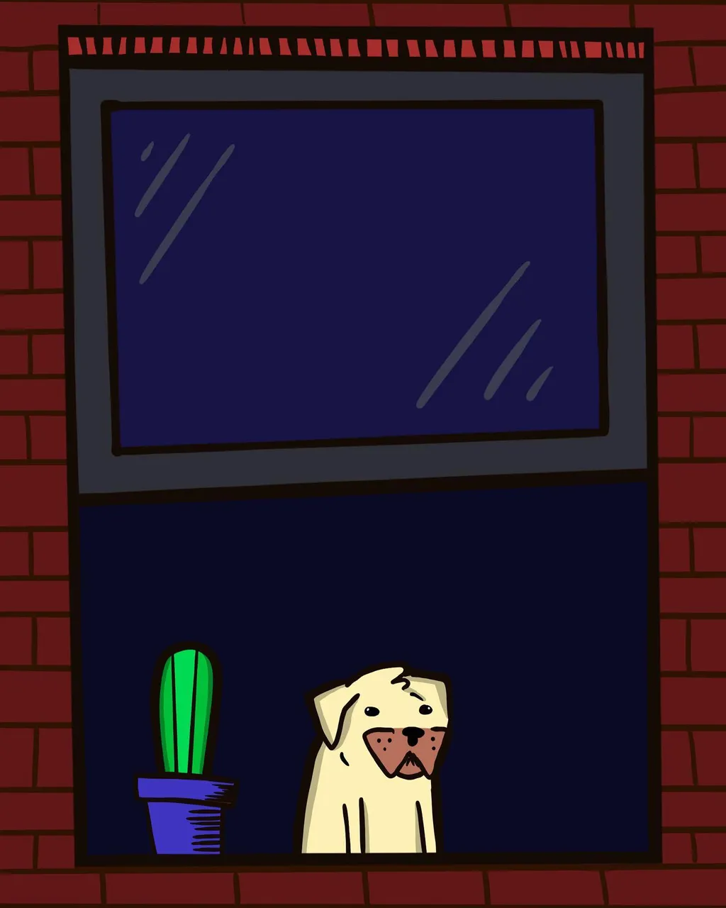 A dog and a potted green plant occupy the bottom half of a window framed by red bricks; the upper half is dark blue with white diagonal streaks.