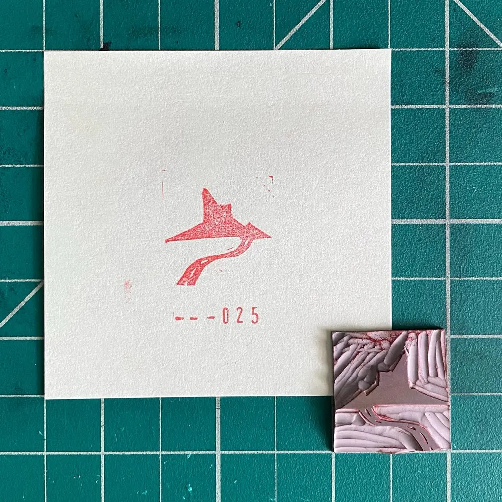 The composition features a white card on a teal grid background, displaying a red abstract figure and the number --025, next to a small, rectangular object with layered pink and grey textures.