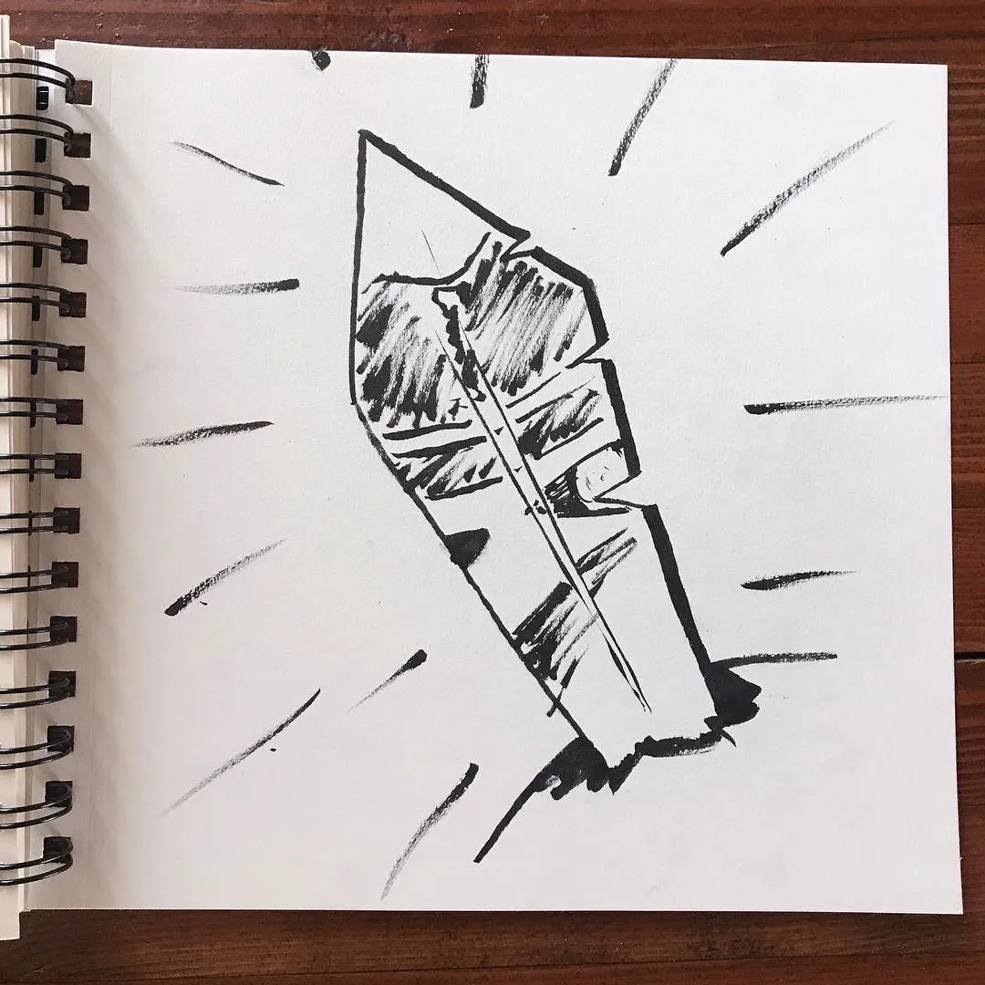 A central, diagonally oriented, angular crystalline form is drawn in heavy black lines, surrounded by radiating, energetic scribbles that fill the white space.