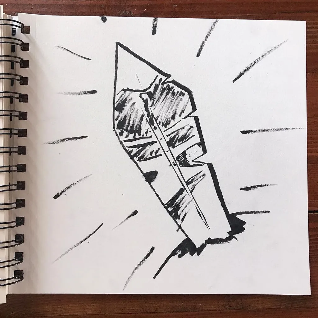A central, diagonally oriented, angular crystalline form is drawn in heavy black lines, surrounded by radiating, energetic scribbles that fill the white space.