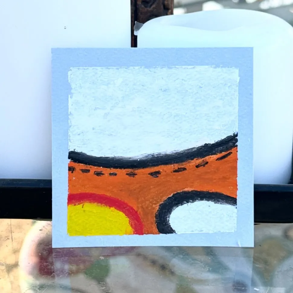 A square composition features horizontal bands of color on a light blue background, including white, orange, yellow, and black curved lines.