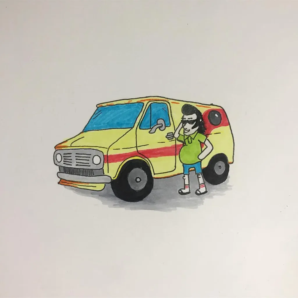 A bright yellow van with red accents and blue windows is drawn next to a cartoon character wearing a blue shirt and black hair.