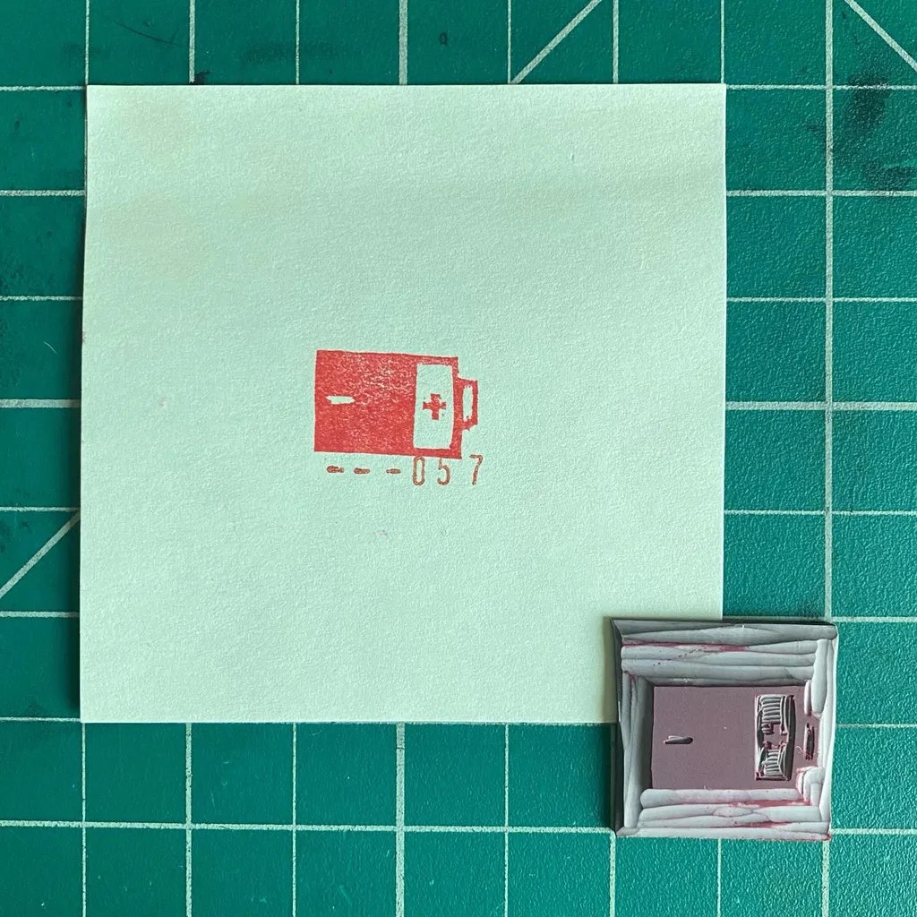 A light mint square paper rests on a dark teal grid, featuring a red drawing of an ambulance and the numbers 057, with a small, framed, rectangular object placed below it.