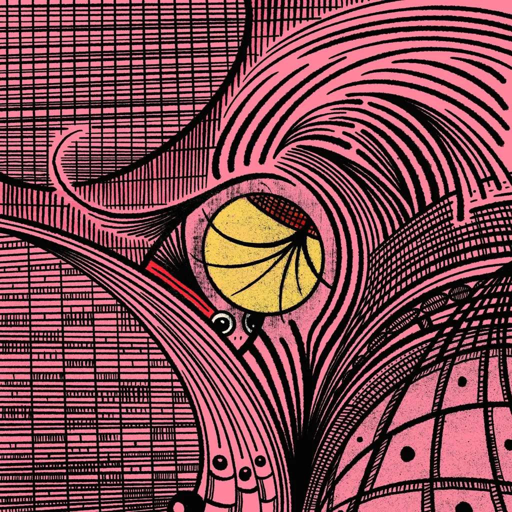 A stylized, abstract composition dominated by curved pink lines that frame a large eye containing a yellow basketball, set against patterned fields of black and magenta cross-hatching.