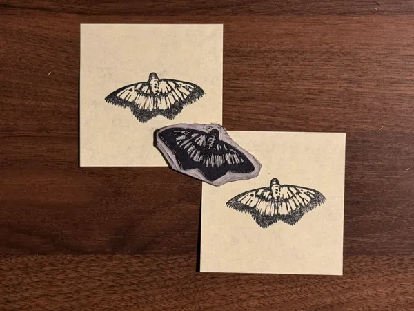 Three black drawings of bats are displayed on cream-colored paper sheets resting on a dark brown wooden background.