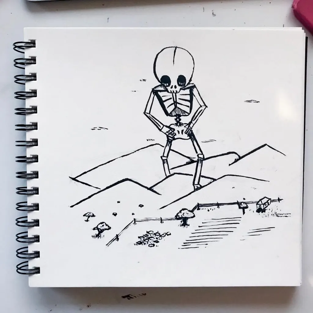 A black line drawing features a stylized skeleton character standing on desert dunes, with a fence, small plants, and a structure placed in the foreground.