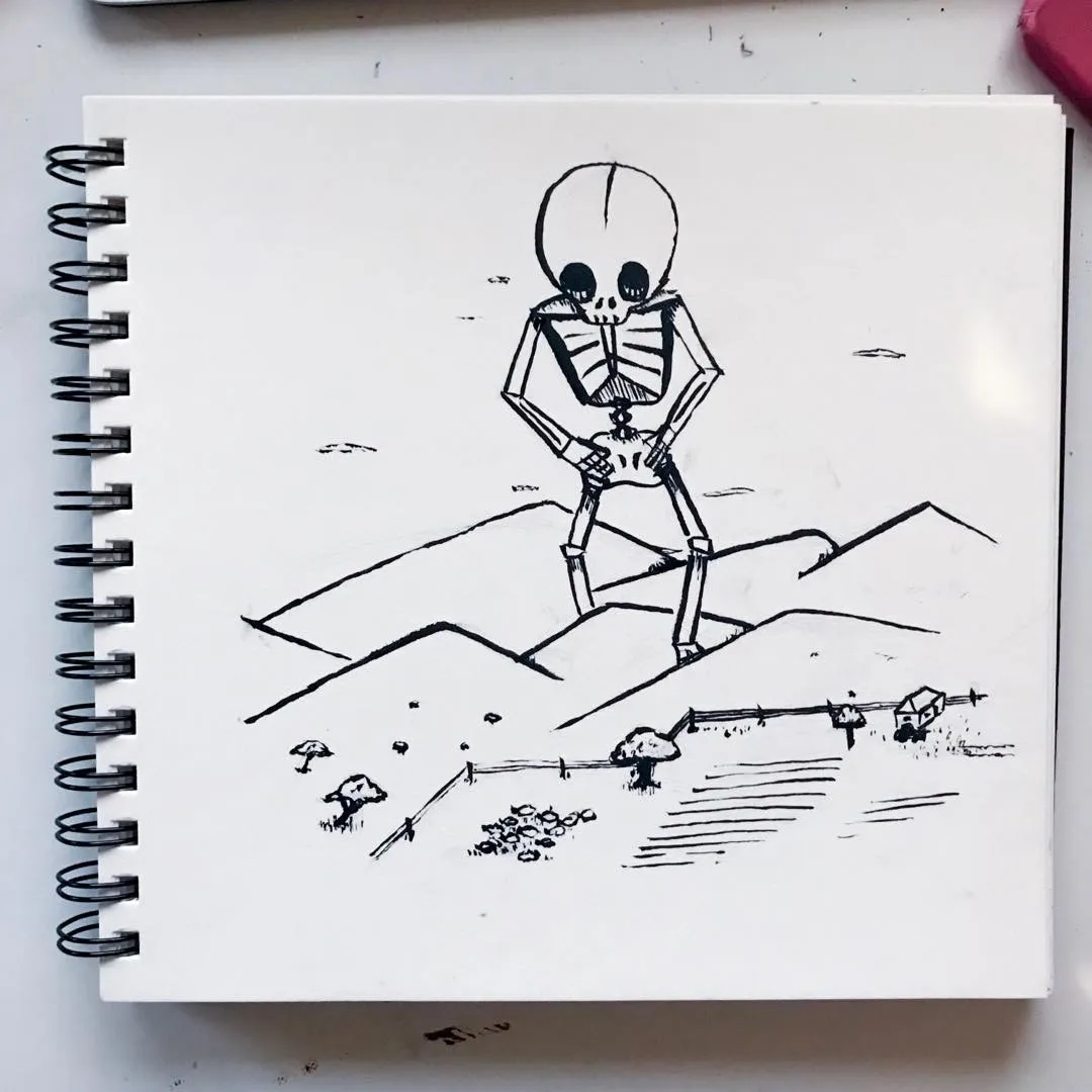 A black line drawing features a stylized skeleton character standing on desert dunes, with a fence, small plants, and a structure placed in the foreground.