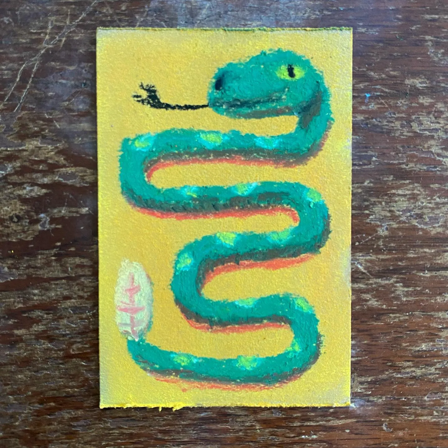 A green snake with a small head and tail is drawn across a yellow background, following a serpentine curve, with dark teal outlines defining its body.