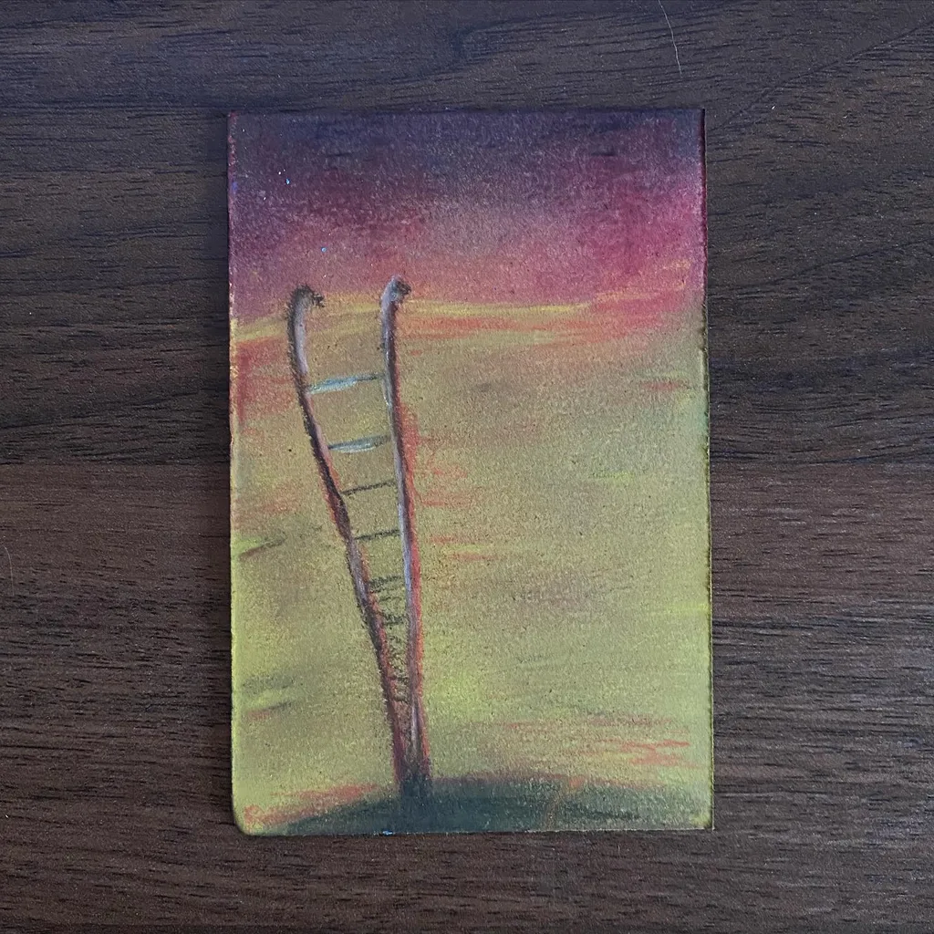 A vertical composition features a ladder on the left, set against a gradient background that shifts from deep purple and magenta at the top to soft yellow and green near the horizon.