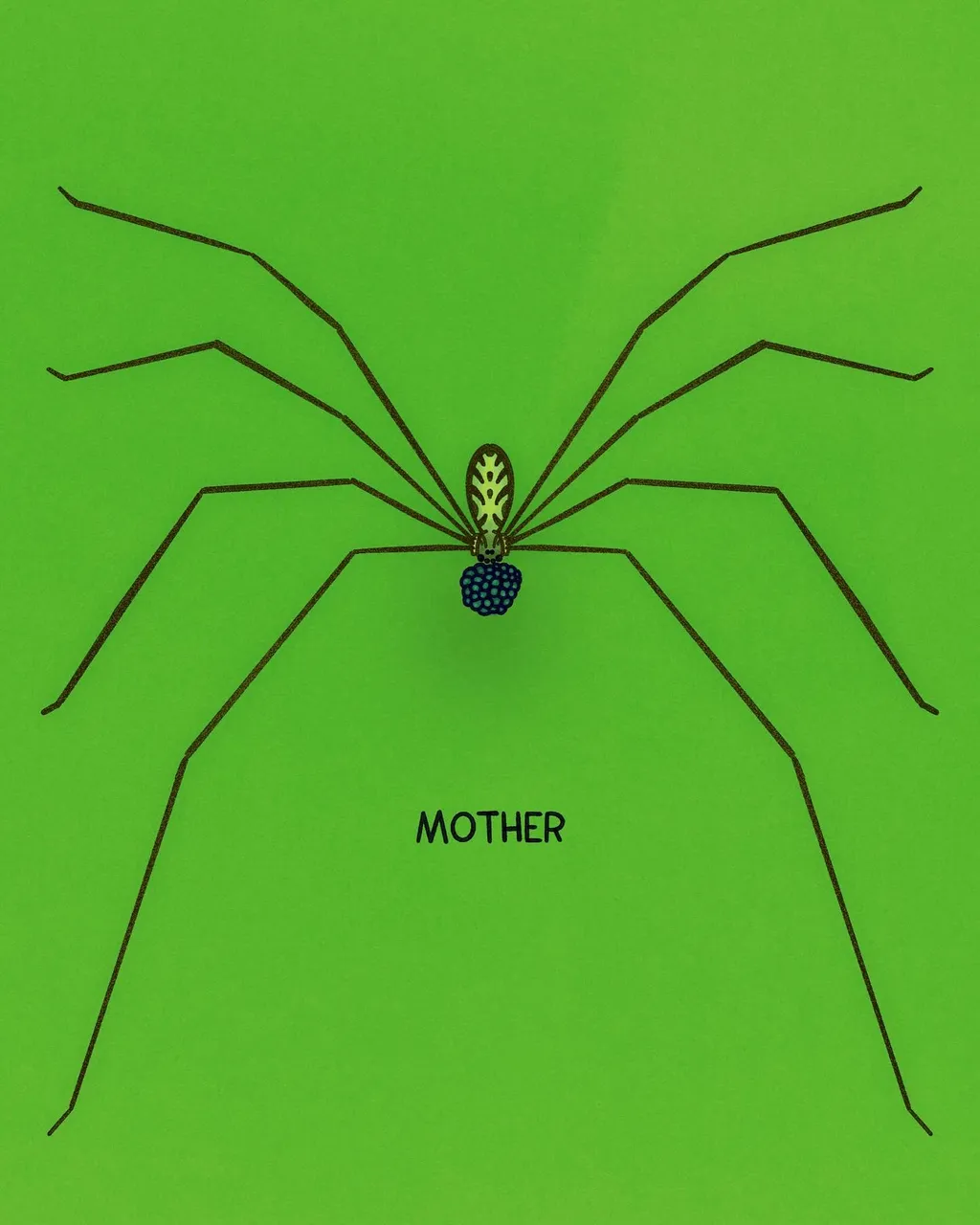 A stylized black spider with a blue abdomen and yellow head is centered on a bright lime green background, with the word MOTHER written above and below the figure.