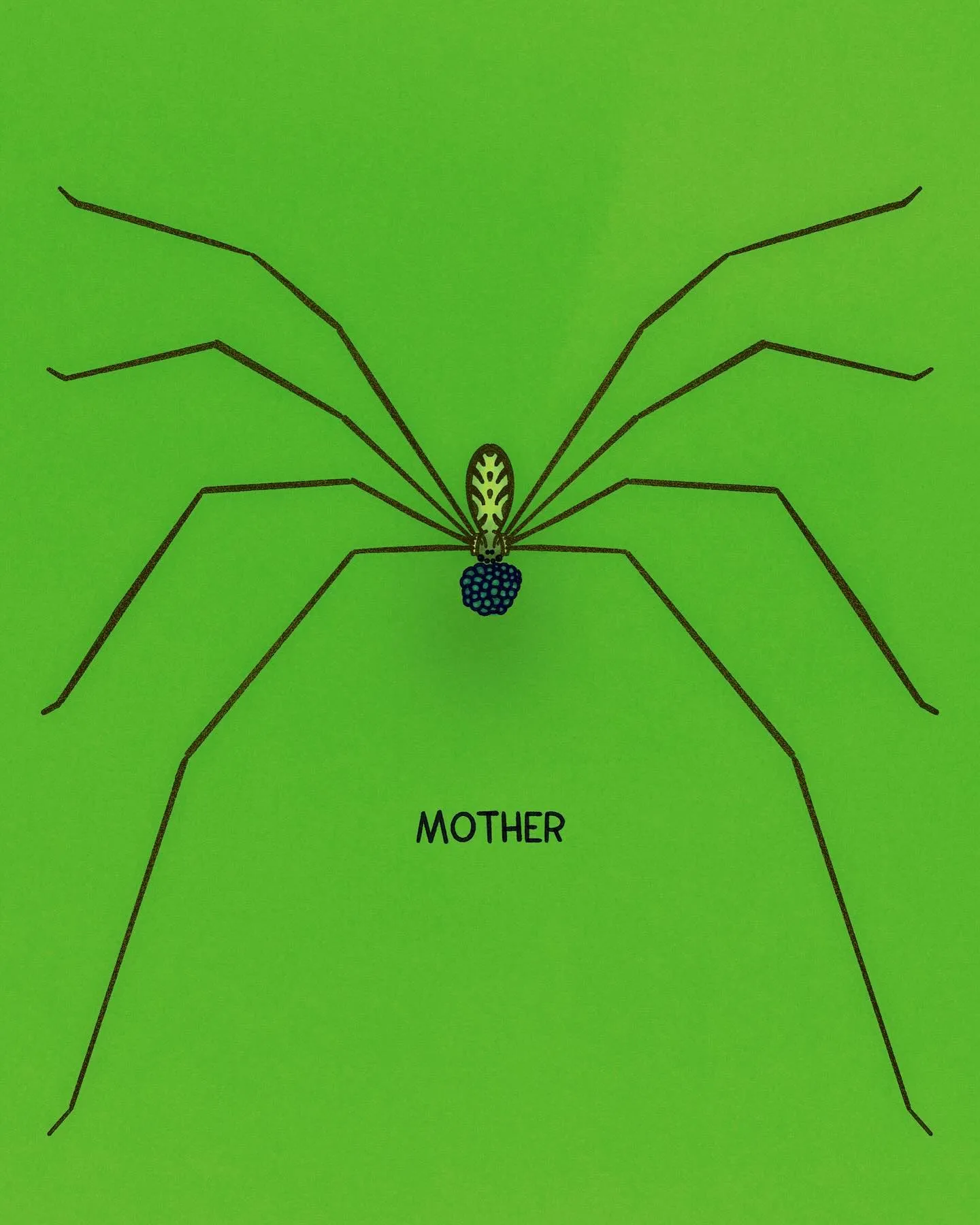 A stylized black spider with a blue abdomen and yellow head is centered on a bright lime green background, with the word MOTHER written above and below the figure.