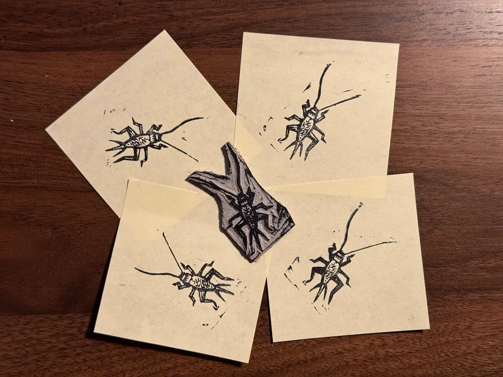 Multiple light tan papers, arranged on dark wood, display black ink drawings of various insects, including spiders and beetles, with one central piece featuring a larger specimen.