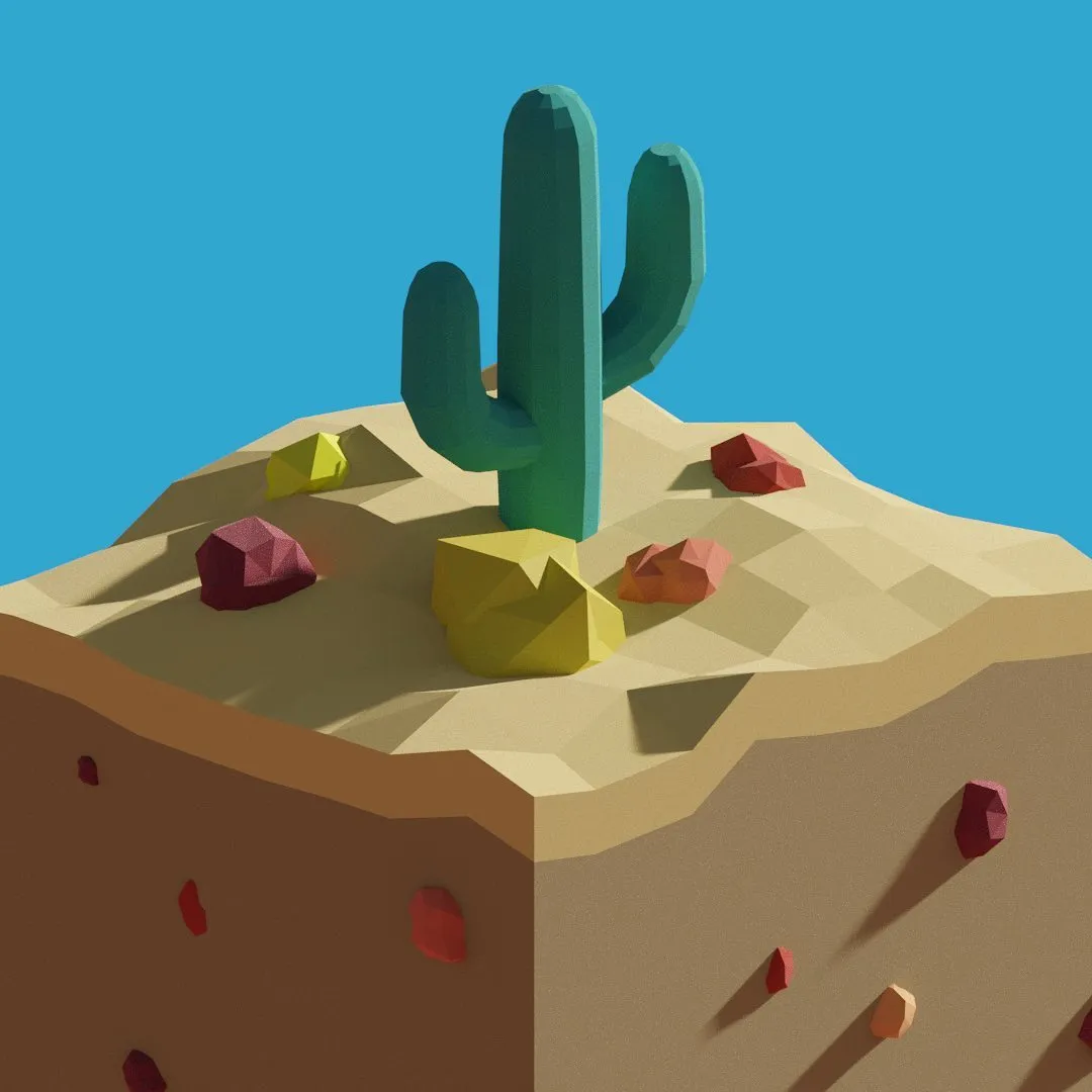 A stylized desert landscape featuring a central teal cactus on a layered brown mound, surrounded by geometric yellow and red rocks against a solid blue background.