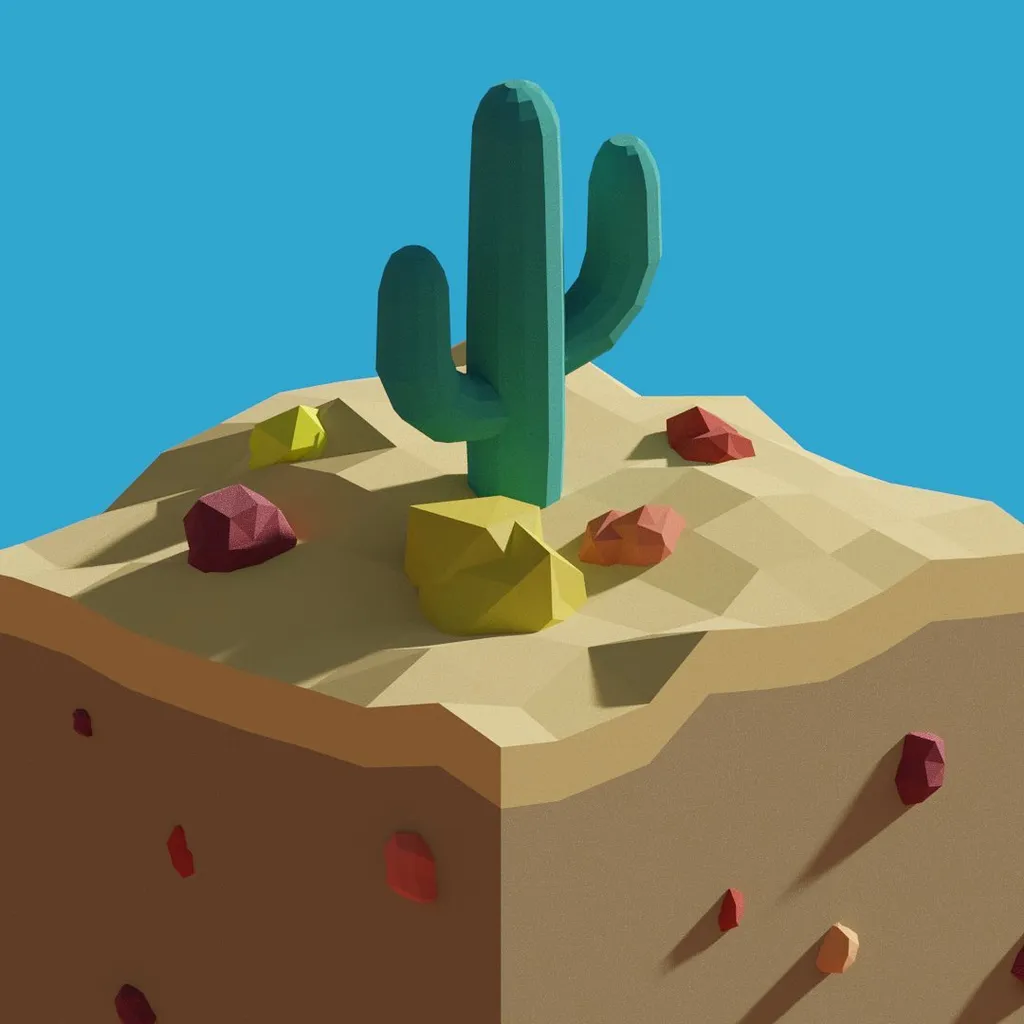 A stylized desert landscape featuring a central teal cactus on a layered brown mound, surrounded by geometric yellow and red rocks against a solid blue background.