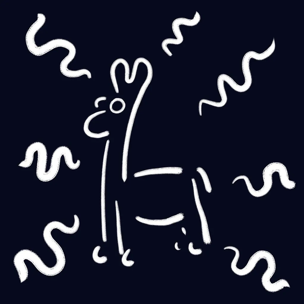 A stylized white drawing of a giraffe occupies the center, surrounded by a scattered pattern of thick, wavy white lines on a black background.