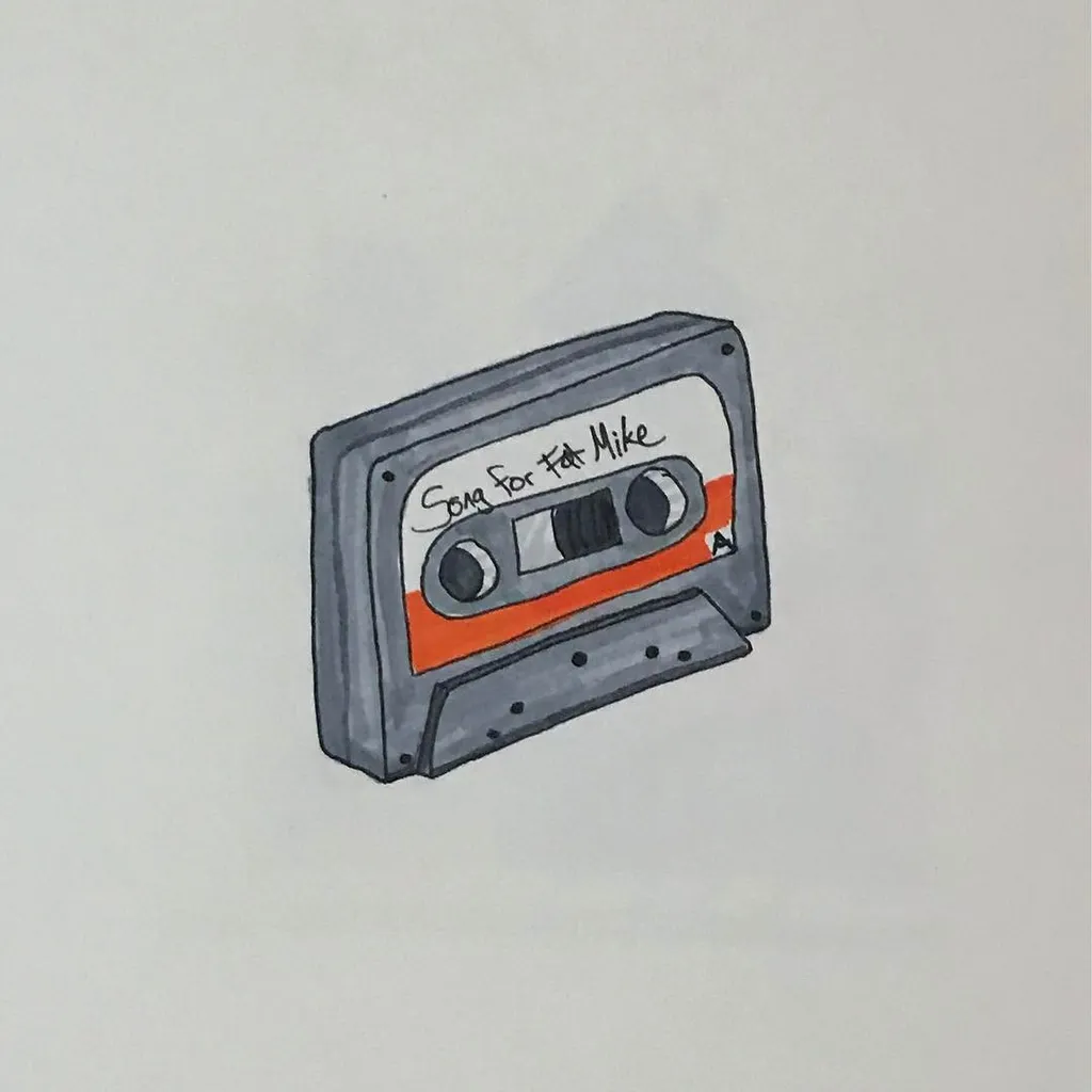 A drawing of a gray cassette tape player with orange trim, featuring a white label that reads Song for Fat Mike and showing two visible spools.