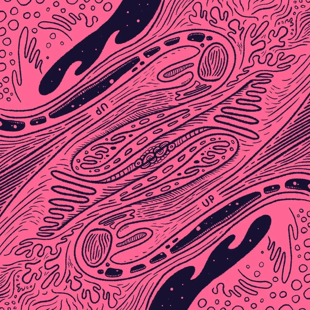 Intricate biological cross-section drawing in pink and dark blue ink, showing detailed, wavy, tube-like structures and large, sweeping organic shapes.