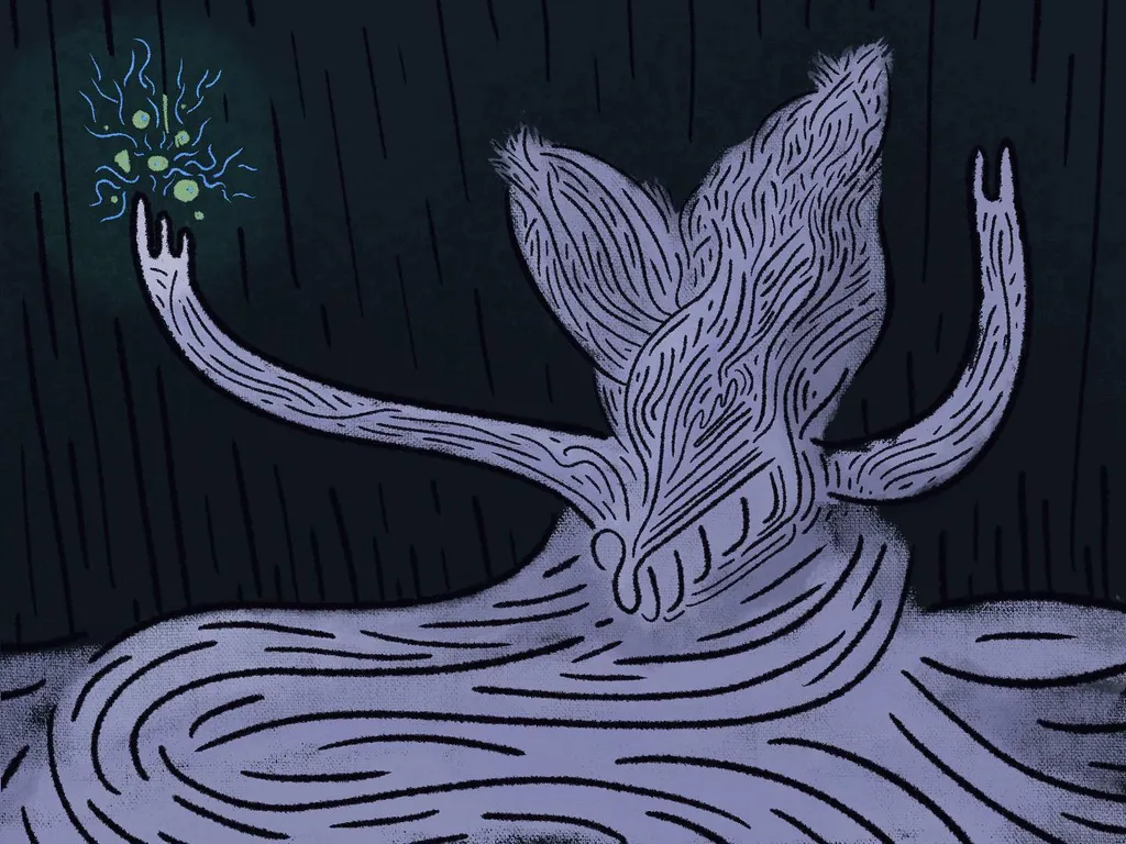 A pale, wood-textured figure emerges from dark, wavy water. The figure has outstretched arms, and the left hand holds a cluster of glowing green spikes.