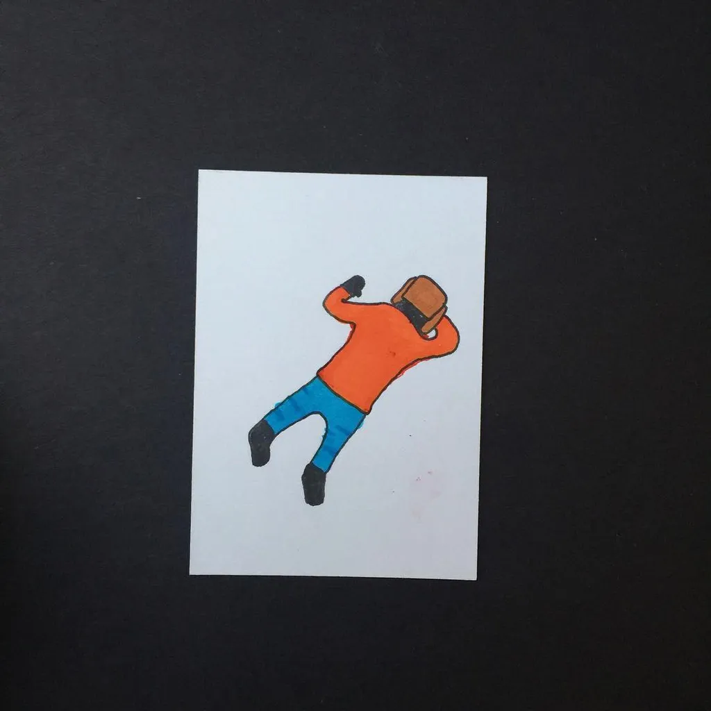 A stylized drawing of a figure falling diagonally, wearing an orange top, blue pants, and a brown hat, outlined in thick black lines on white paper.