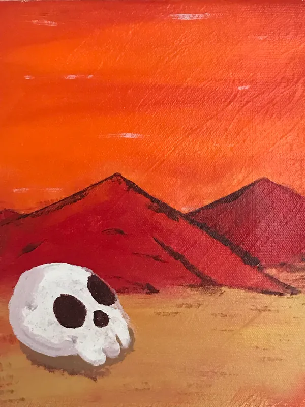 Two white skulls rest on tan sand beneath large, reddish mountains set against a vibrant orange sky, rendered with visible brushstrokes.