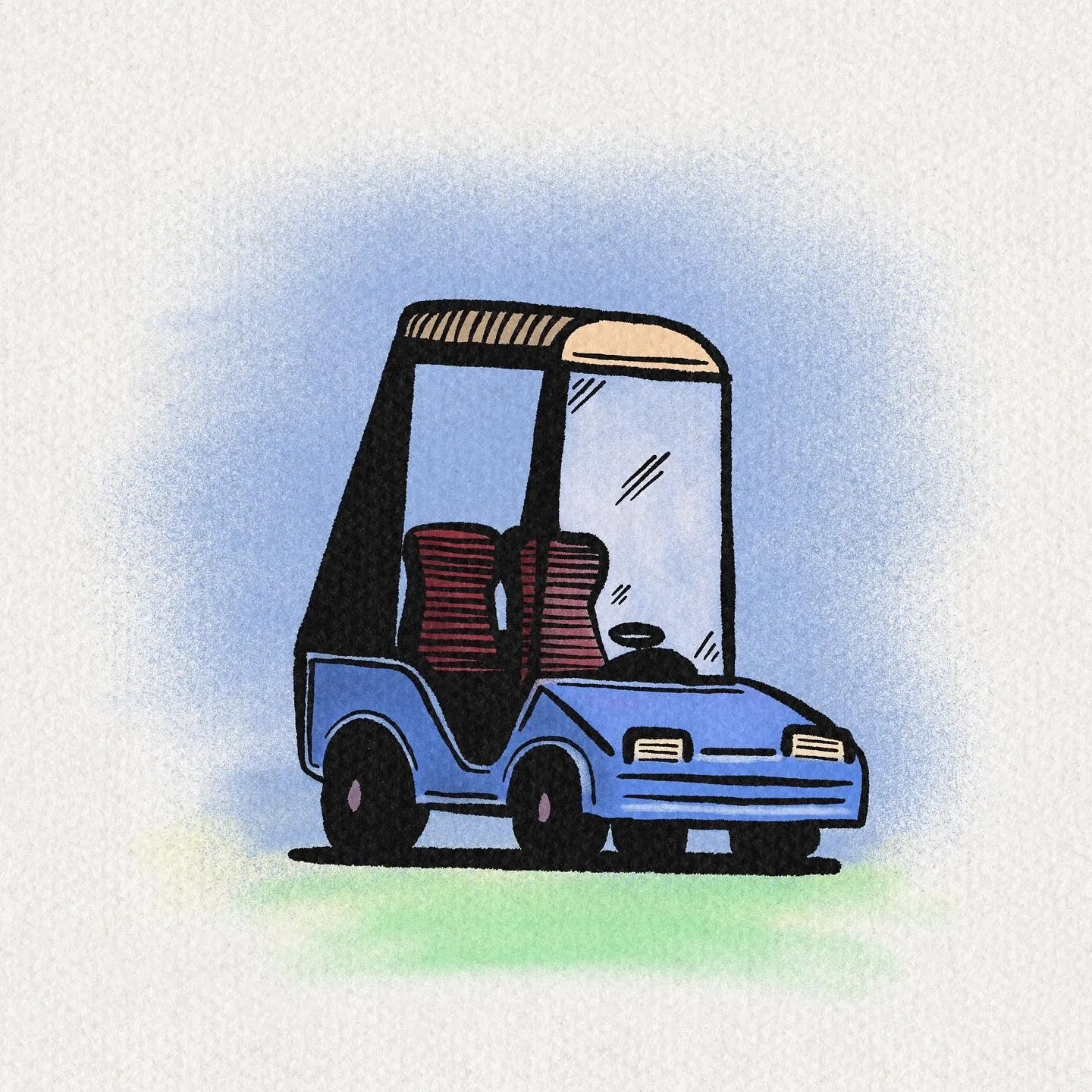 A side view of a small, blue, cartoon car with a tan roof and two seats, drawn with sketchy lines and surrounded by soft blue washes.
