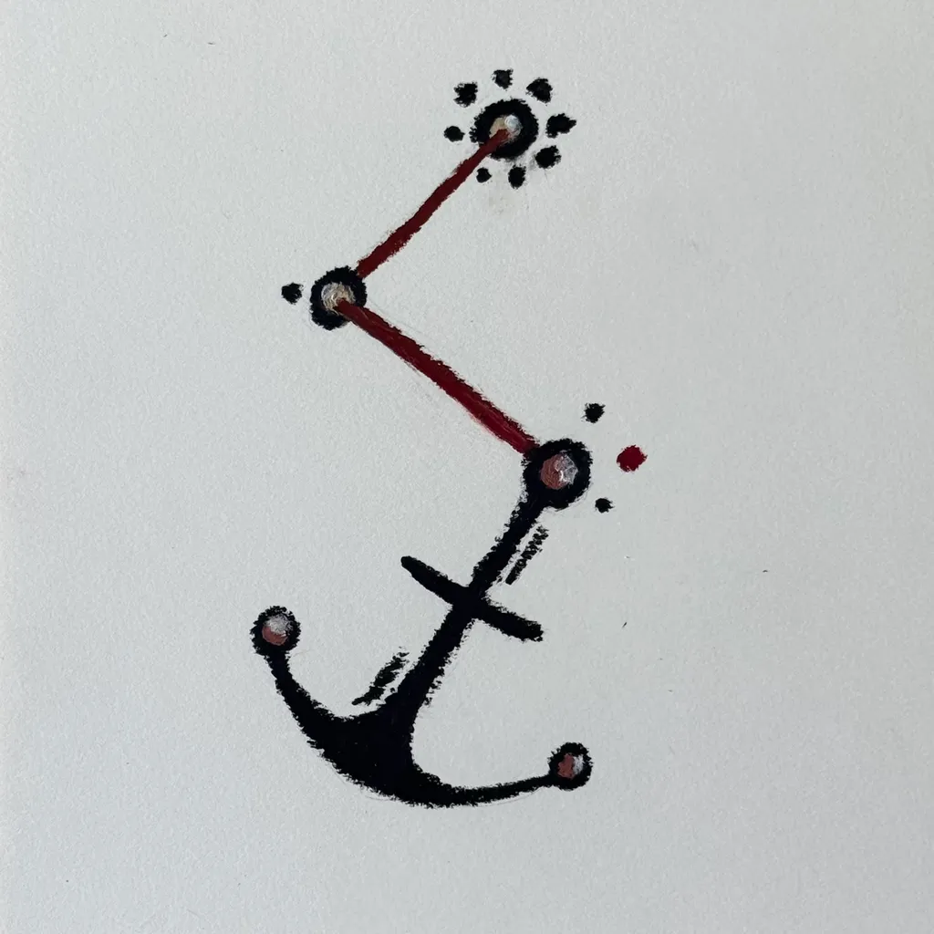 Abstract pastel artwork titled “Anchor Points,” depicting a line connecting a detailed anchor drawing to a cluster of circular, patterned dots.