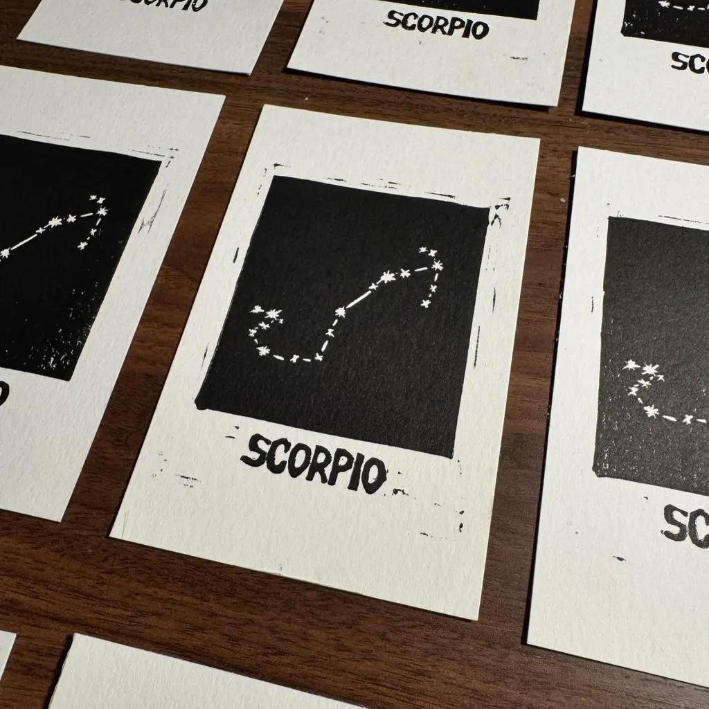 Multiple rectangular prints on cream paper are arranged on dark wood, showing the word SCORPIO and a black constellation diagram of connected stars.
