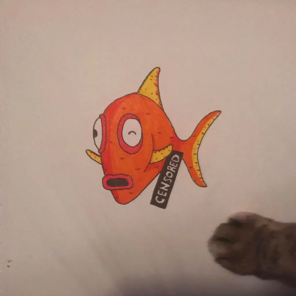 A stylized orange cartoon fish with yellow accents and large eyes is drawn on white paper, accompanied by a black rectangular label marked CENSORED.