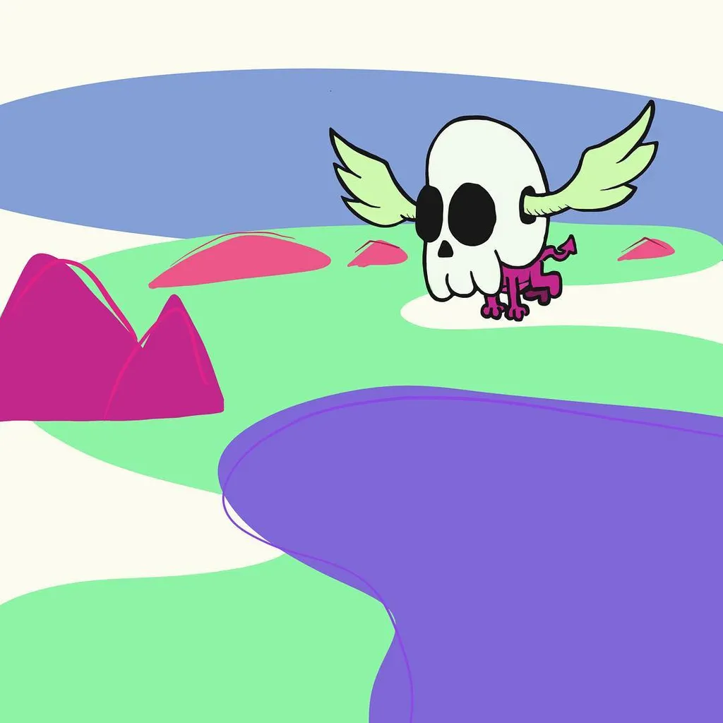 A stylized winged skull character stands on bright green ground, set against a background of deep purple water, magenta hills, and a light blue sky.