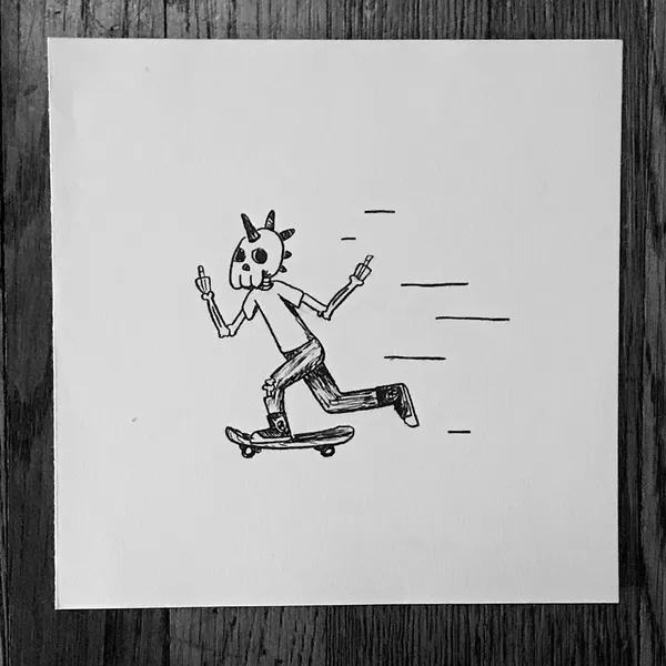 A black line drawing shows a figure with a skull head and a small crown, riding a skateboard in a dynamic pose, accompanied by horizontal dashed lines suggesting speed.