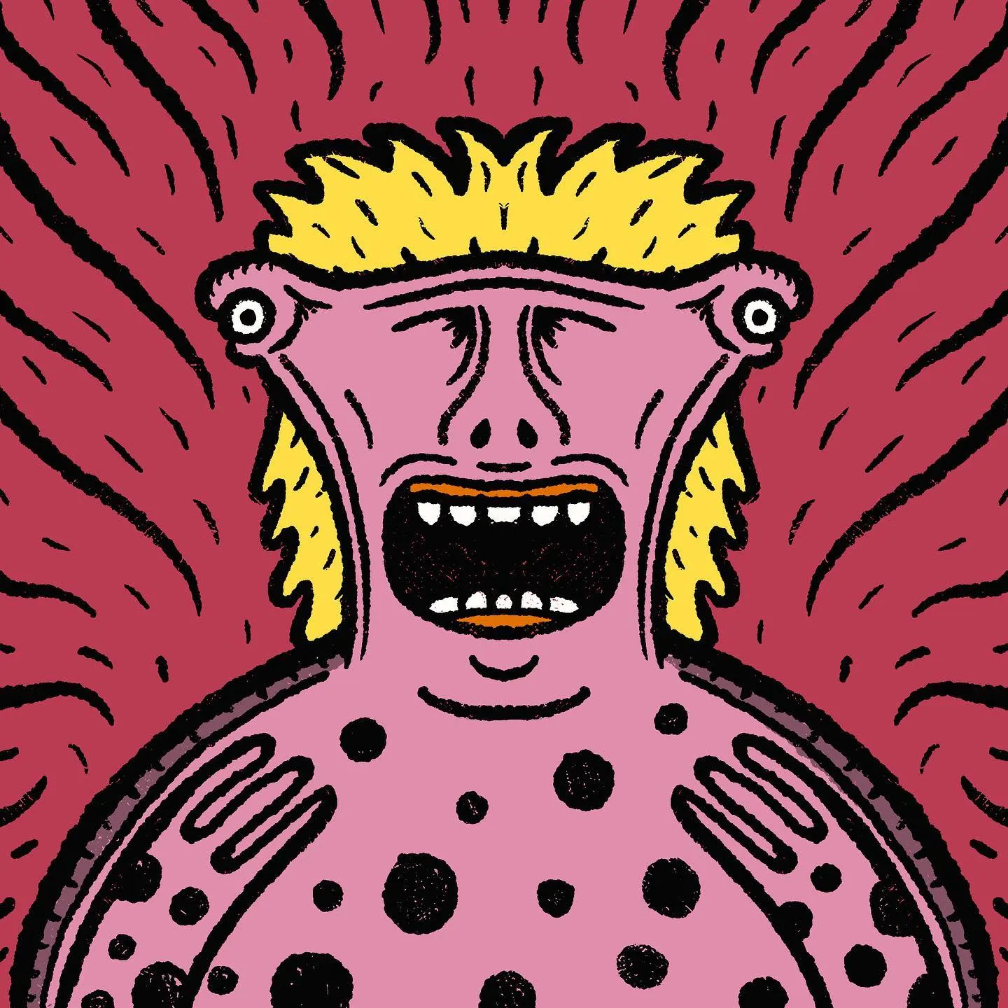 A stylized pink creature with yellow hair and wide mouth is centered against a radiating red background, outlined in thick black lines.